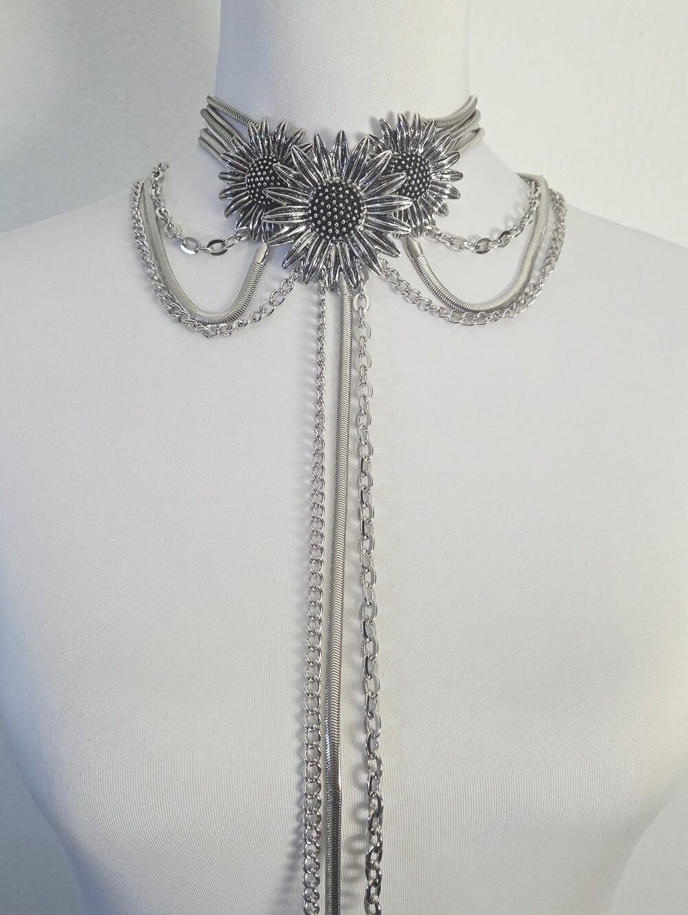 Silver Floral Statement Lariat Necklace - Picture 3 of 7